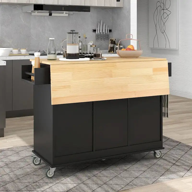 Îlot de cuisine mobile roulant de 133,8 cm avec plateau en bois massif