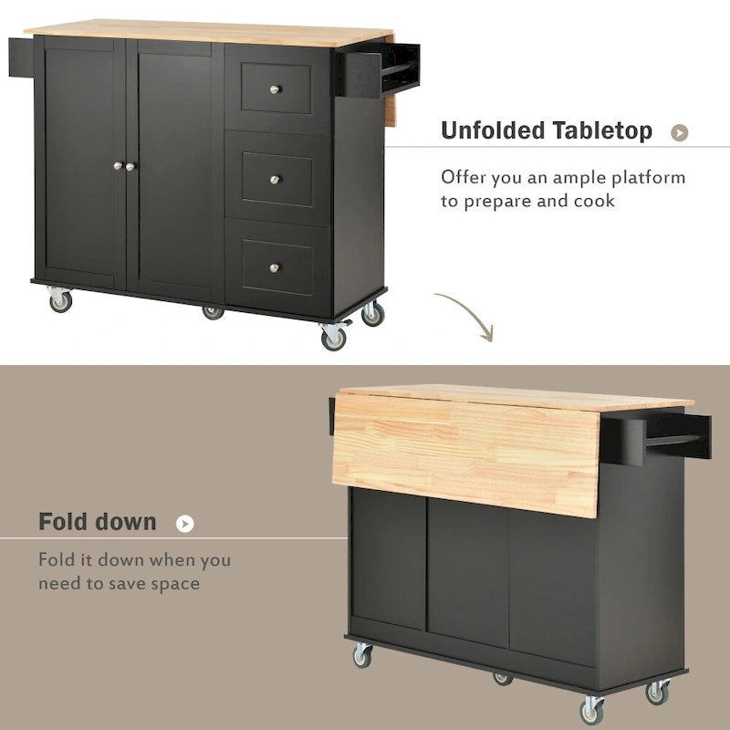 Îlot de cuisine mobile roulant de 133,8 cm avec plateau en bois massif