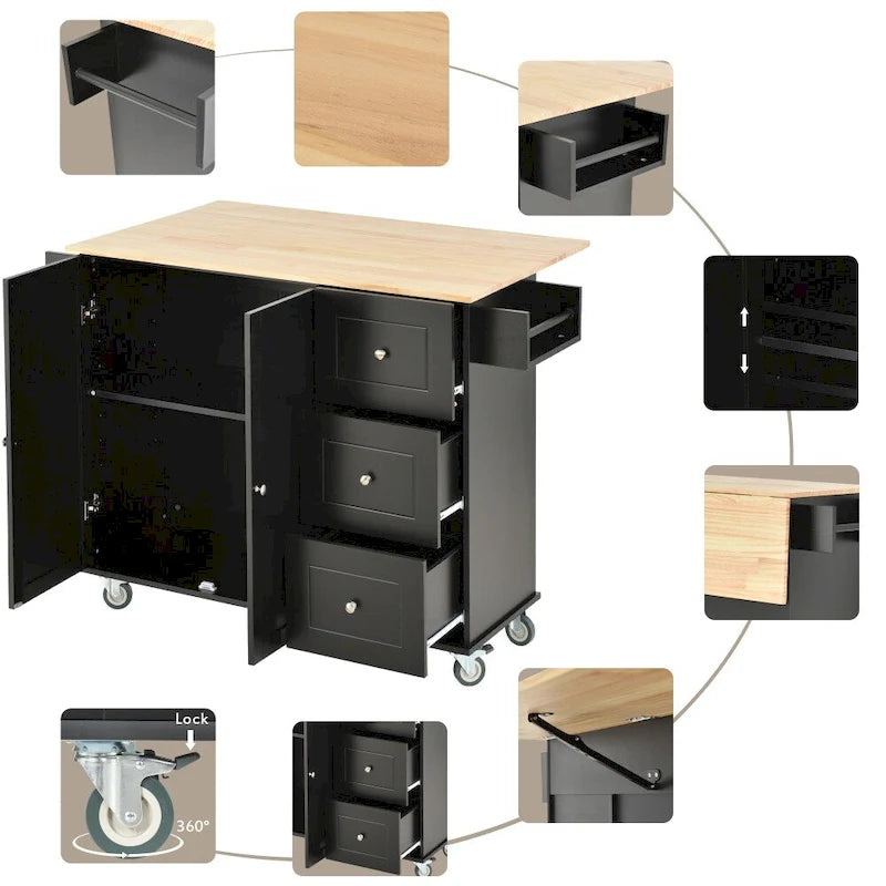 Îlot de cuisine mobile roulant de 133,8 cm avec plateau en bois massif