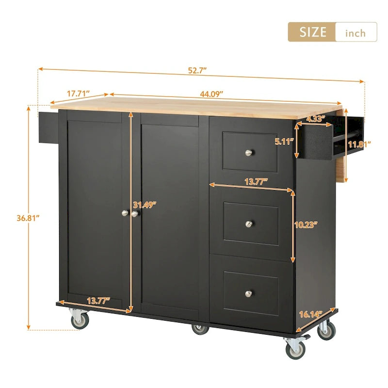 Îlot de cuisine mobile roulant de 133,8 cm avec plateau en bois massif