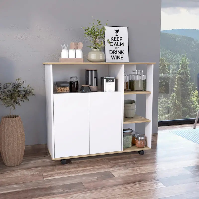 Paprika Kitchen Cart, Four Casters , Four Open Shelves, Double Door Cabinet -Light Oak / White