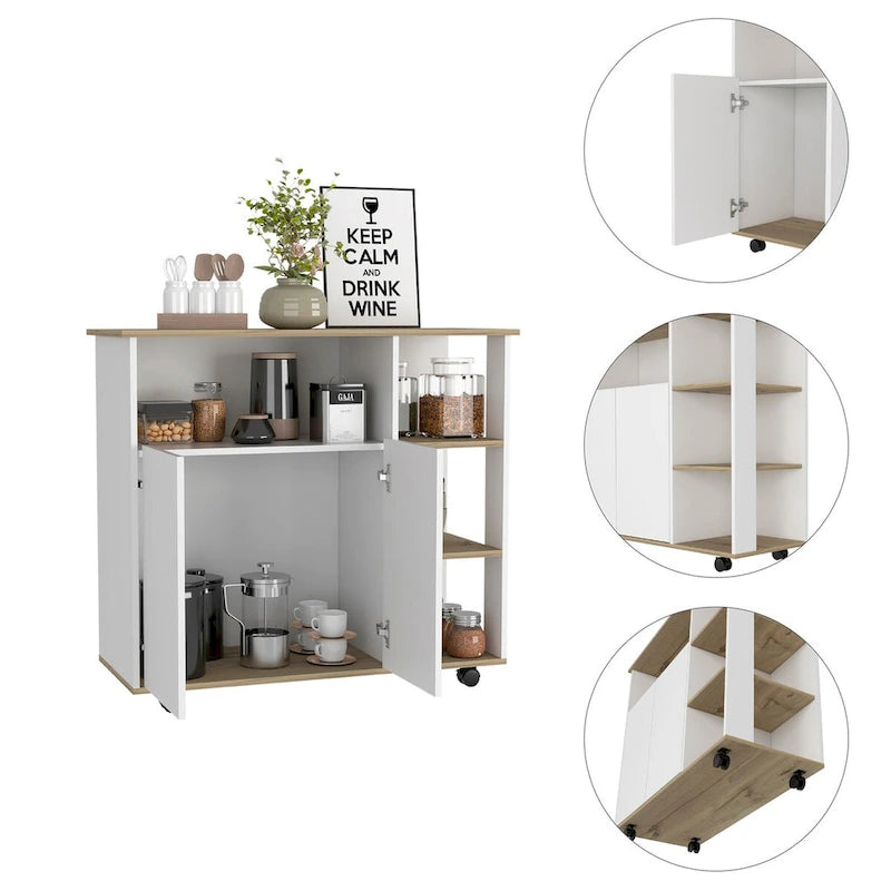 Desserte de cuisine avec quatre roulettes, quatre étagères ouvertes et un meuble à double porte en chêne clair et blanc