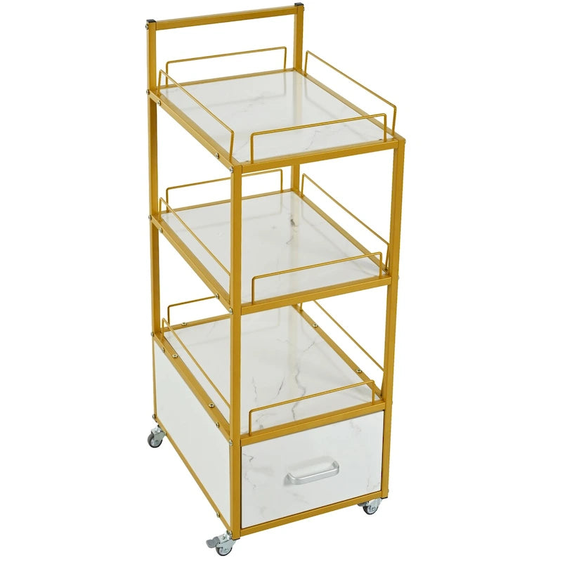 Chariot de rangement à 3 niveaux avec tiroir sur roulettes, plateau en faux marbre et cadre en métal