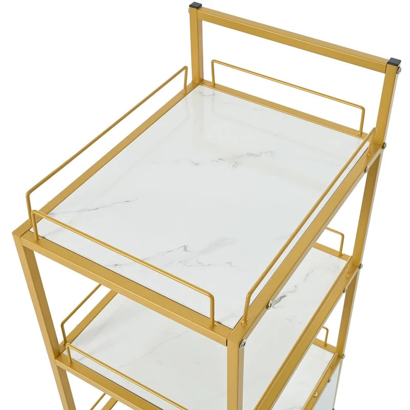 Chariot de rangement à 3 niveaux avec tiroir sur roulettes, plateau en faux marbre et cadre en métal