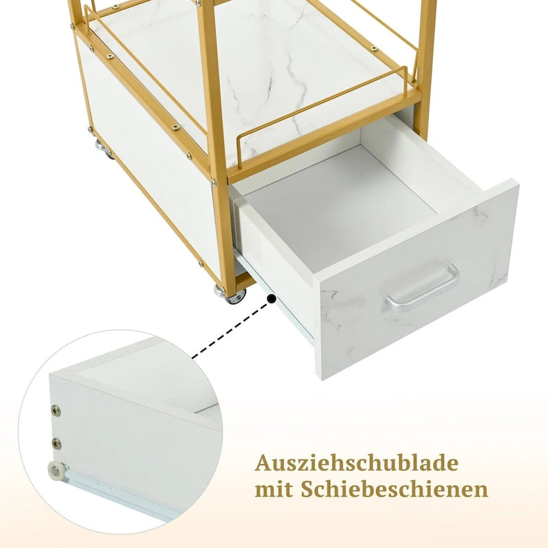 Chariot de rangement à 3 niveaux avec tiroir sur roulettes, plateau en faux marbre et cadre en métal