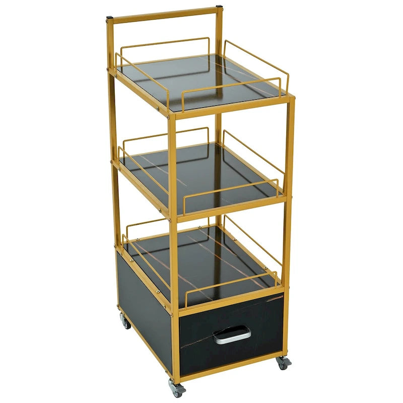 Chariot de rangement à 3 niveaux avec tiroir sur roulettes, plateau en faux marbre et cadre en métal