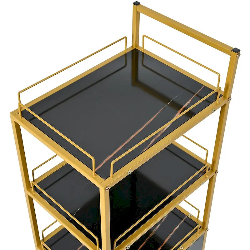 Chariot de rangement à 3 niveaux avec tiroir sur roulettes, plateau en faux marbre et cadre en métal