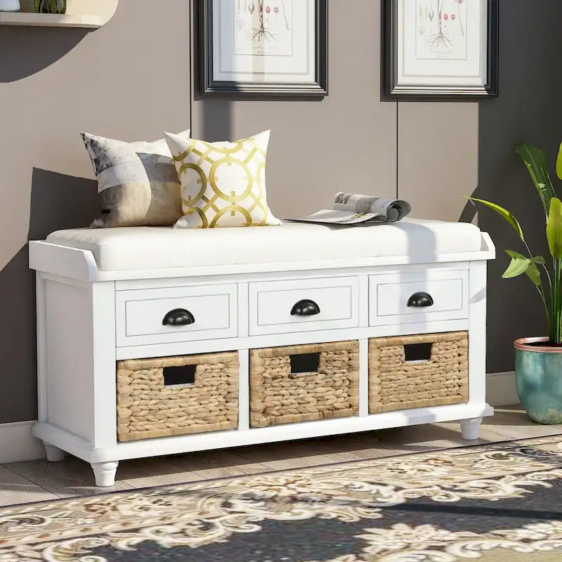 Banc de rangement rustique avec 3 tiroirs et 3 paniers en rotin
