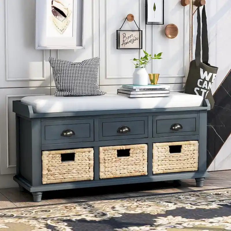 Banc de rangement rustique avec 3 tiroirs et 3 paniers en rotin