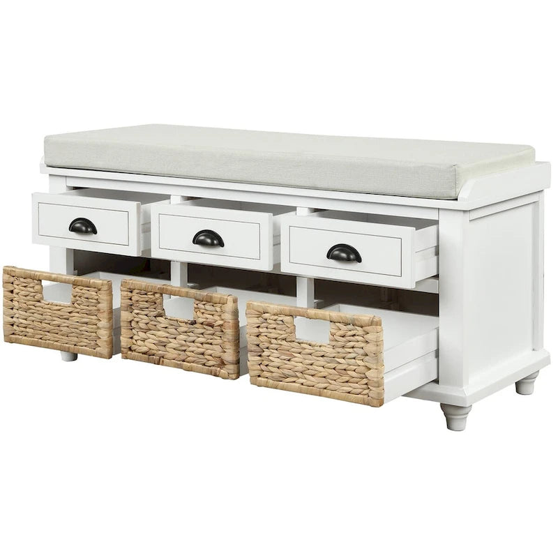 Banc de rangement rustique avec 3 tiroirs et 3 paniers en rotin
