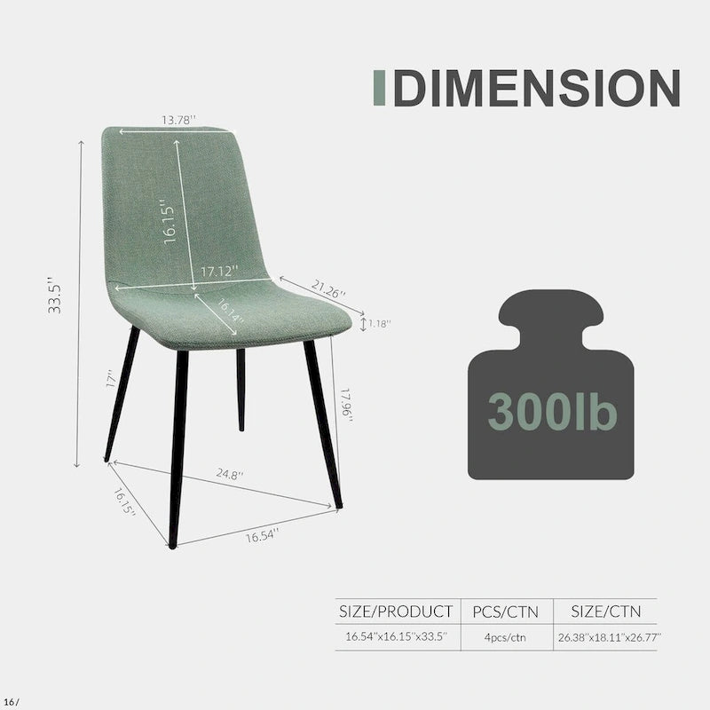 Lot de 4 chaises de salle à manger, chaises d'appoint rembourrées en lin avec assise coussin et pieds en métal noir robustes