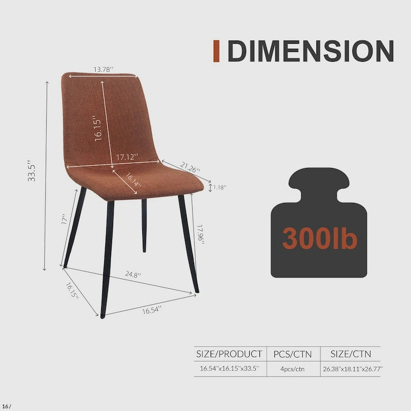 Lot de 4 chaises de salle à manger, chaises d'appoint rembourrées en lin avec assise coussin et pieds en métal noir robustes