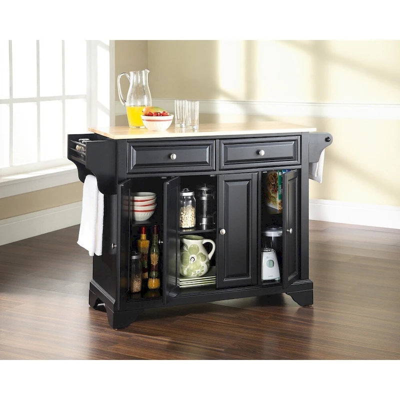 Crosley LaFayette Black Wood Kitchen Island with Natural Wood Top - 18d x 51.5w x 36h
