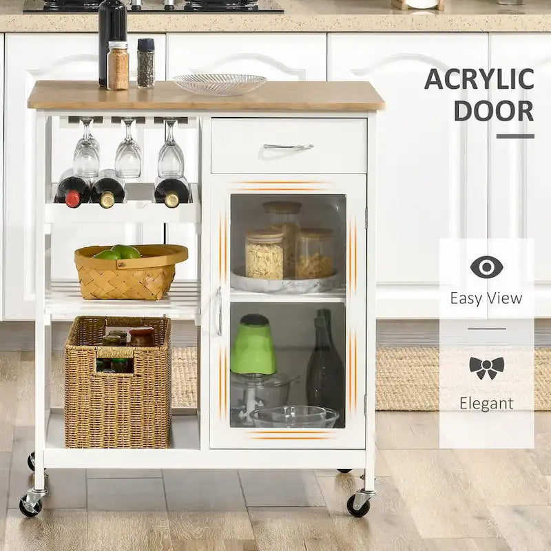 Îlot de cuisine roulant avec rangement, casier à vin, étagères, tiroir et placard