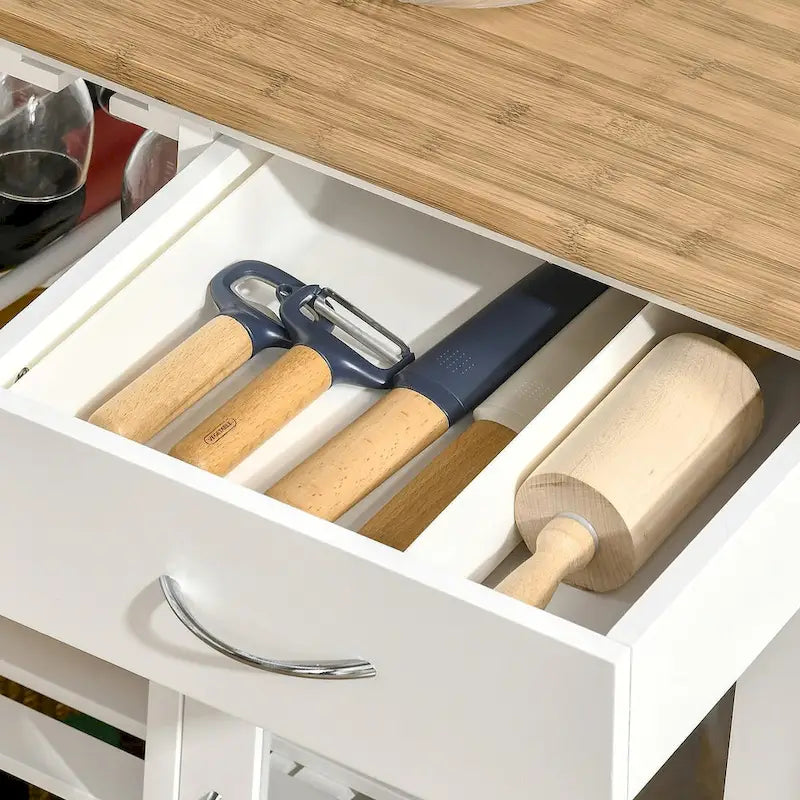 Îlot de cuisine roulant avec rangement, casier à vin, étagères, tiroir et placard
