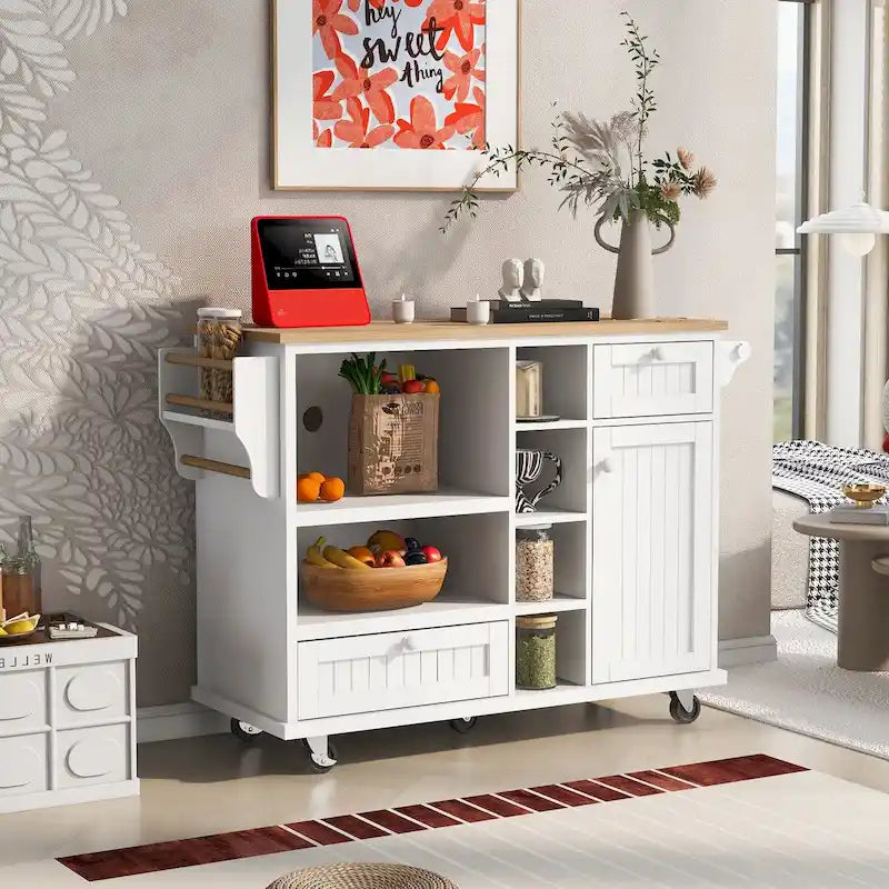 Desserte de cuisine en bois d'hévéa avec abattant, étagère pour micro-ondes, étagères extérieures et 2 tiroirs