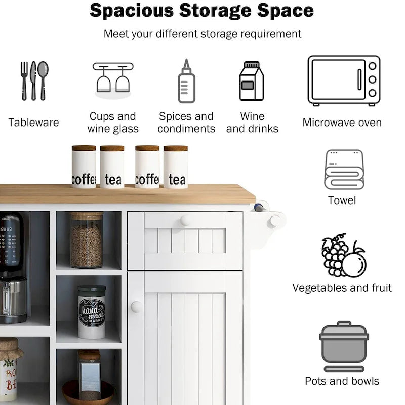 Desserte de cuisine en bois d'hévéa avec abattant, étagère pour micro-ondes, étagères extérieures et 2 tiroirs