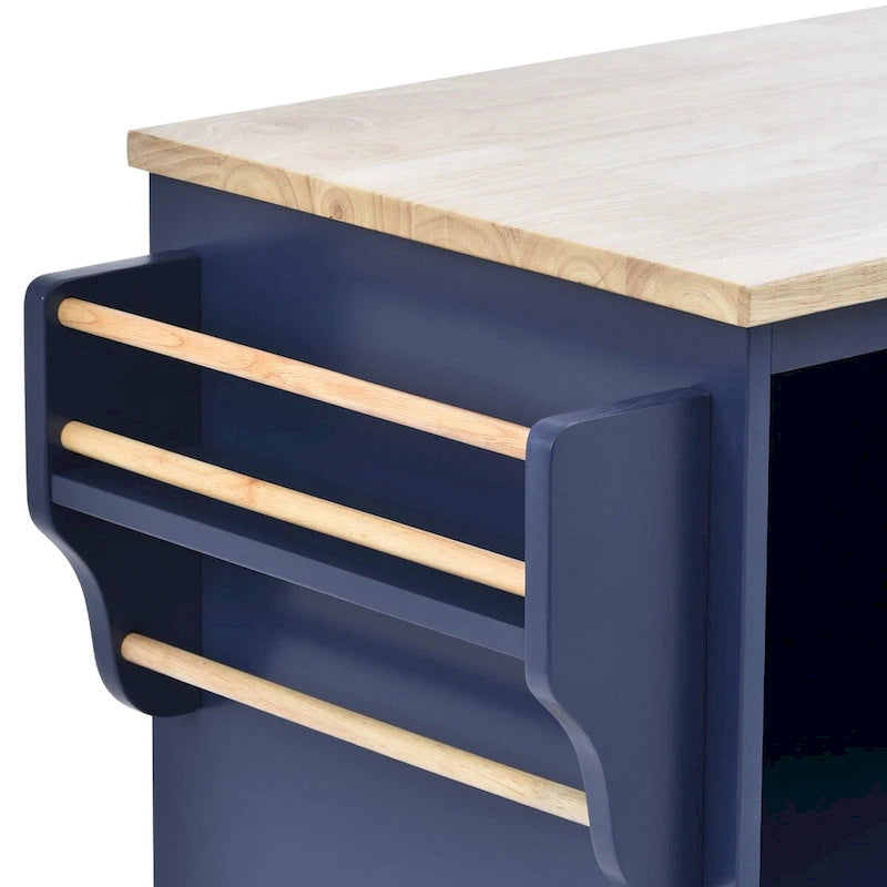 Desserte de cuisine en bois d'hévéa avec abattant, étagère pour micro-ondes, étagères extérieures et 2 tiroirs