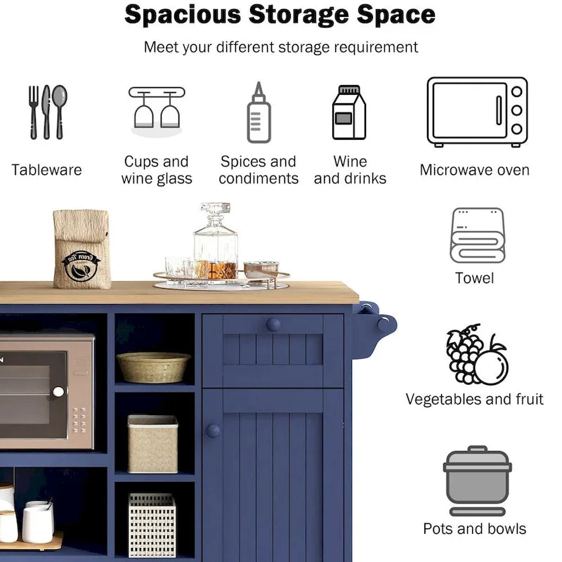 Desserte de cuisine en bois d'hévéa avec abattant, étagère pour micro-ondes, étagères extérieures et 2 tiroirs