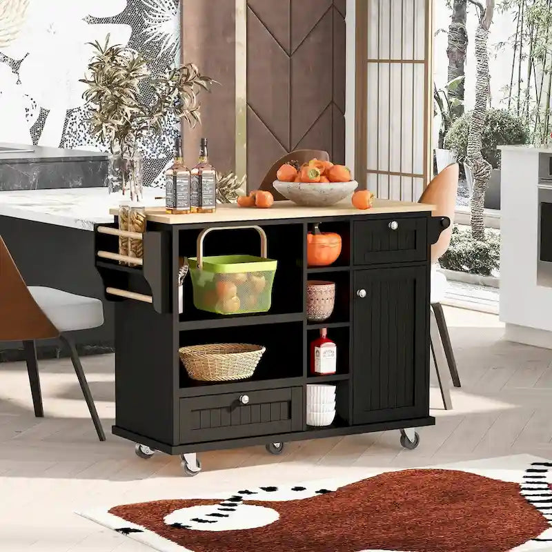 Desserte de cuisine en bois d'hévéa avec abattant, étagère pour micro-ondes, étagères extérieures et 2 tiroirs