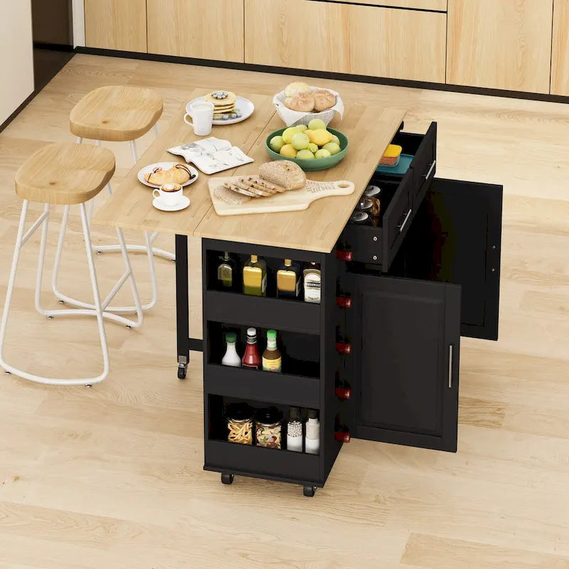 Desserte d'îlot de cuisine multifonctionnelle avec étagère à épices, porte-serviettes, casier à vin et plateau pliant en bois d'hévéa
