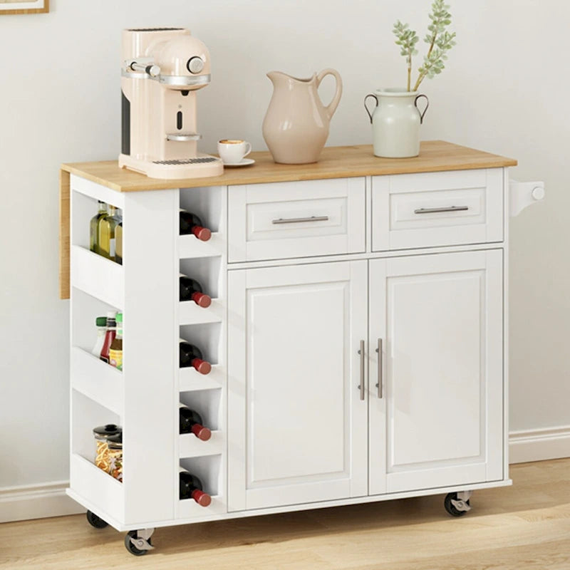 Desserte d'îlot de cuisine multifonctionnelle avec étagère à épices, porte-serviettes, casier à vin et plateau pliant en bois d'hévéa
