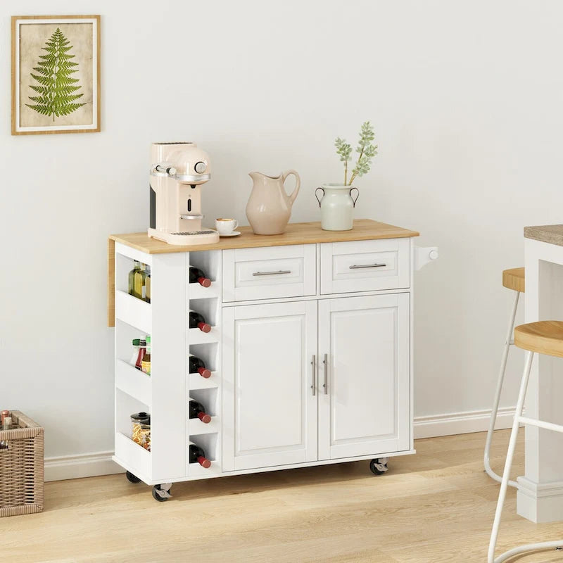 Desserte d'îlot de cuisine multifonctionnelle avec étagère à épices, porte-serviettes, casier à vin et plateau pliant en bois d'hévéa