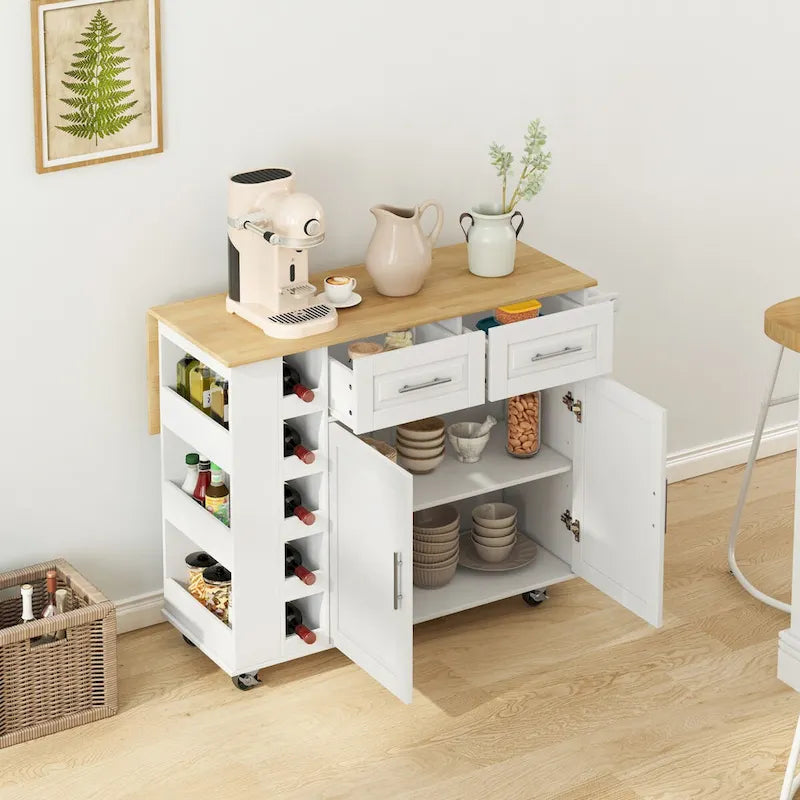 Desserte d'îlot de cuisine multifonctionnelle avec étagère à épices, porte-serviettes, casier à vin et plateau pliant en bois d'hévéa