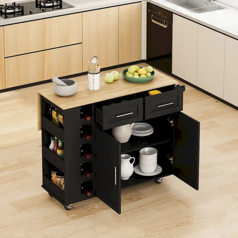 Desserte d'îlot de cuisine multifonctionnelle avec étagère à épices, porte-serviettes, casier à vin et plateau pliant en bois d'hévéa