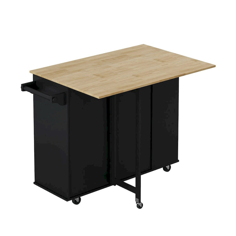 Desserte d'îlot de cuisine multifonctionnelle avec étagère à épices, porte-serviettes, casier à vin et plateau pliant en bois d'hévéa