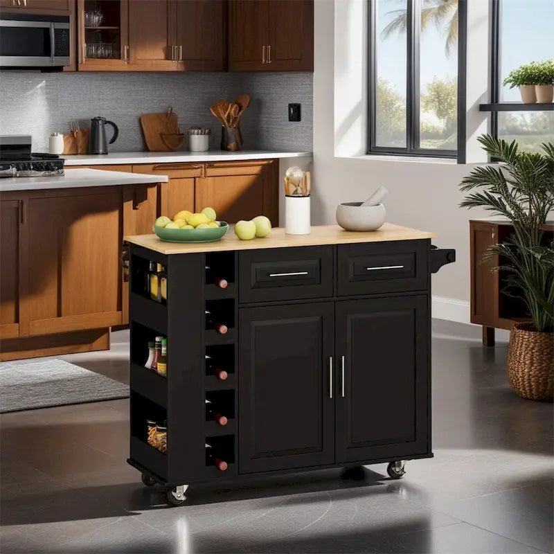Chariot d'îlot de cuisine multifonctionnel avec armoire à 2 portes et casier à vin