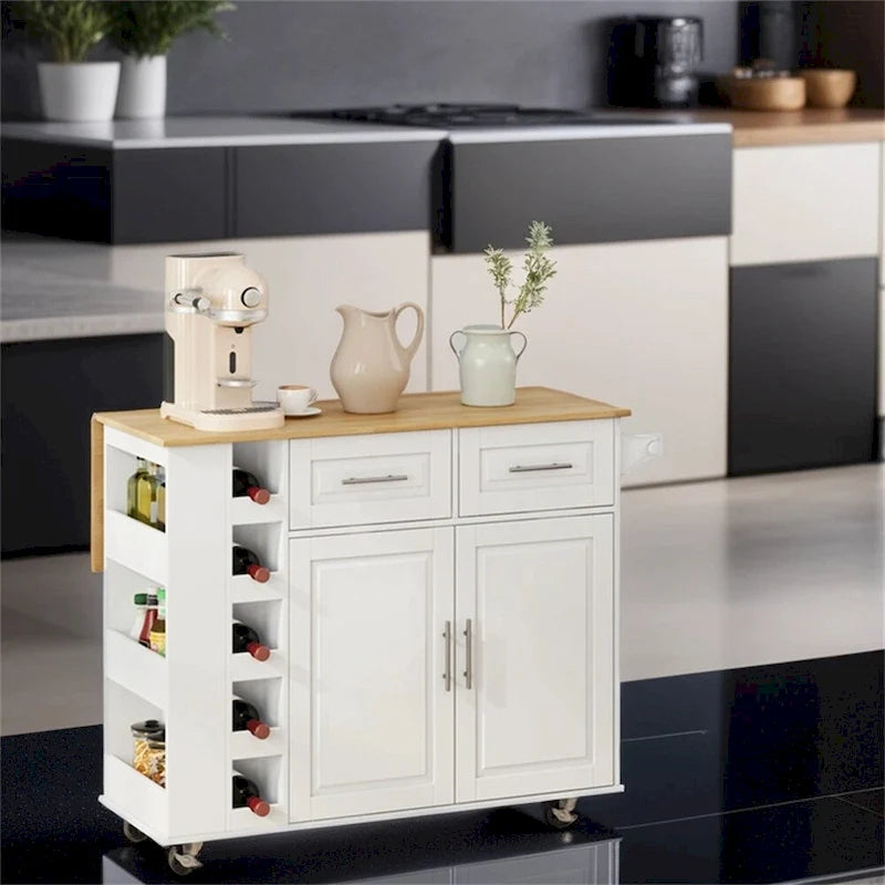 Chariot d'îlot de cuisine multifonctionnel avec armoire à 2 portes et casier à vin