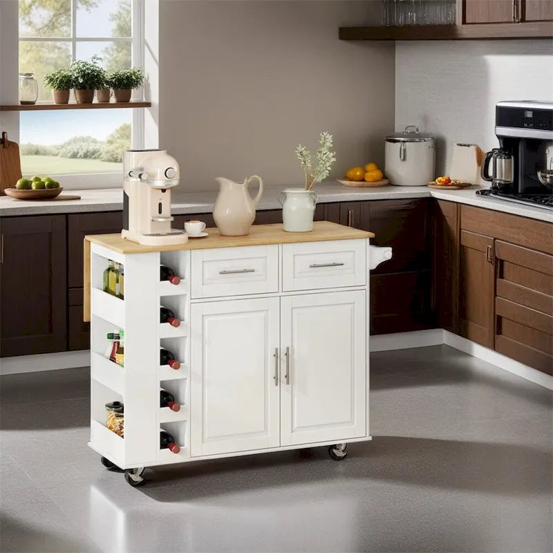 Chariot d'îlot de cuisine multifonctionnel avec armoire à 2 portes et casier à vin