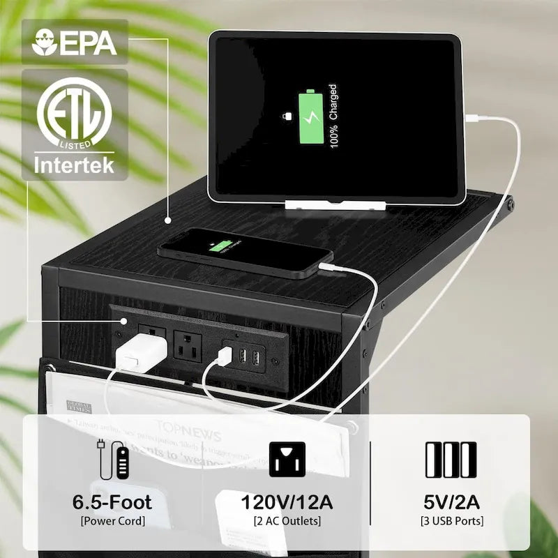 Table d'appoint en C avec station de charge, lot de 2
