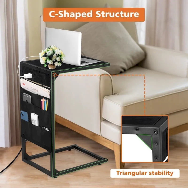 Table d'appoint en C avec station de charge, lot de 2