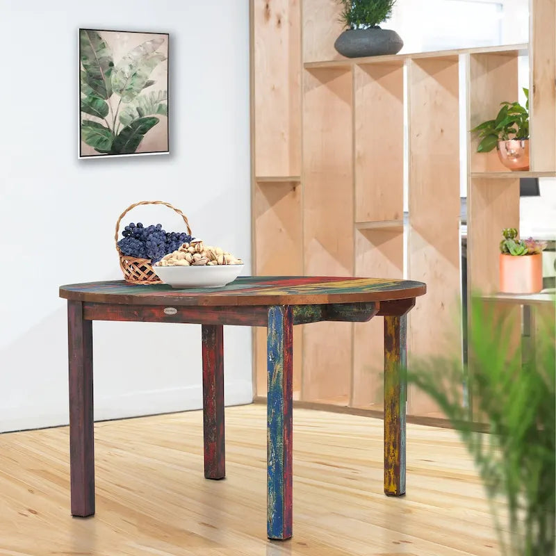 Table à manger ronde fabriquée à partir de bateaux en bois de teck recyclé, 122 cm - Multicolore