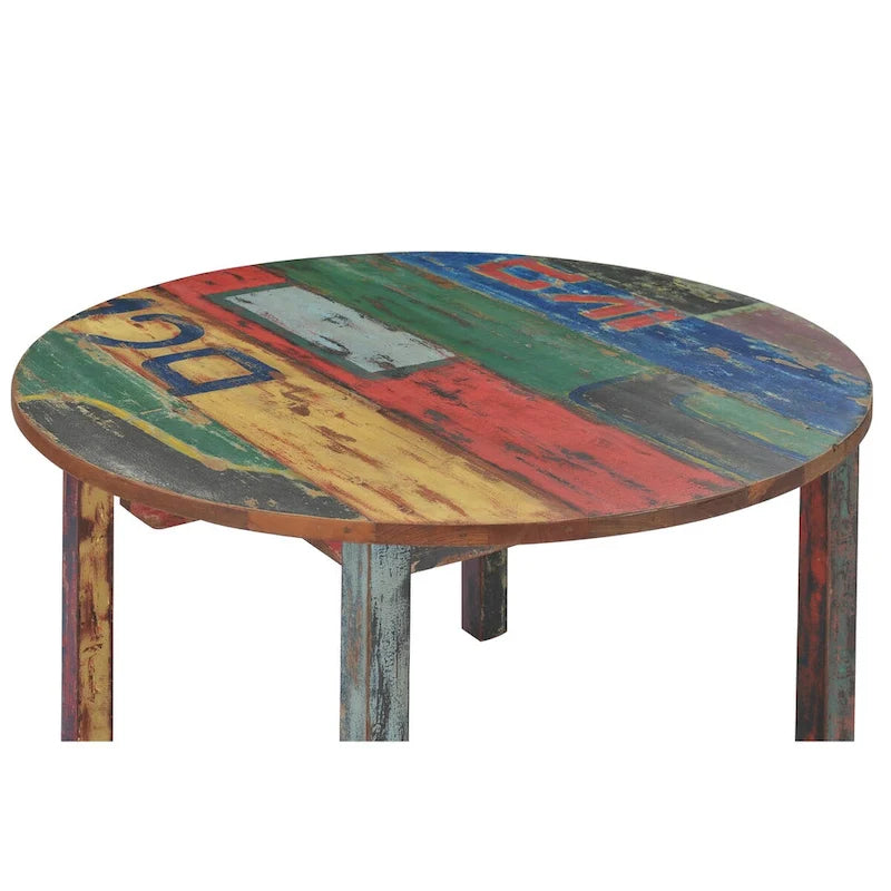 Table à manger ronde fabriquée à partir de bateaux en bois de teck recyclé, 122 cm - Multicolore