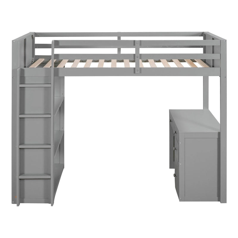 Lit mezzanine double avec échelle, étagères, cadre de lit mezzanine en bois massif avec bureau à 4 tiroirs, sommier tapissier non requis