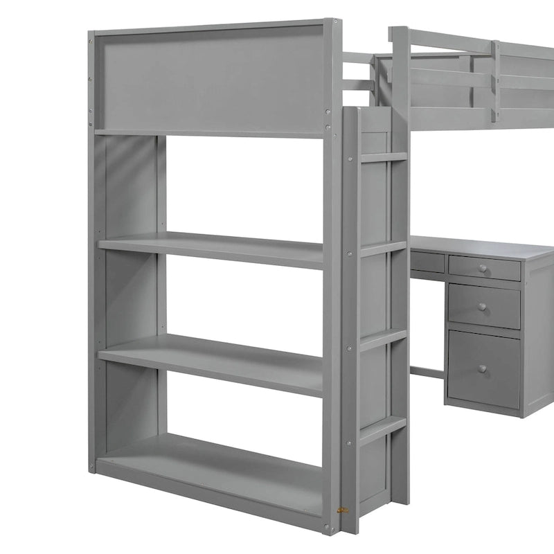 Lit mezzanine double avec échelle, étagères, cadre de lit mezzanine en bois massif avec bureau à 4 tiroirs, sommier tapissier non requis