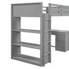 Lit mezzanine double avec échelle, étagères, cadre de lit mezzanine en bois massif avec bureau à 4 tiroirs, sommier tapissier non requis