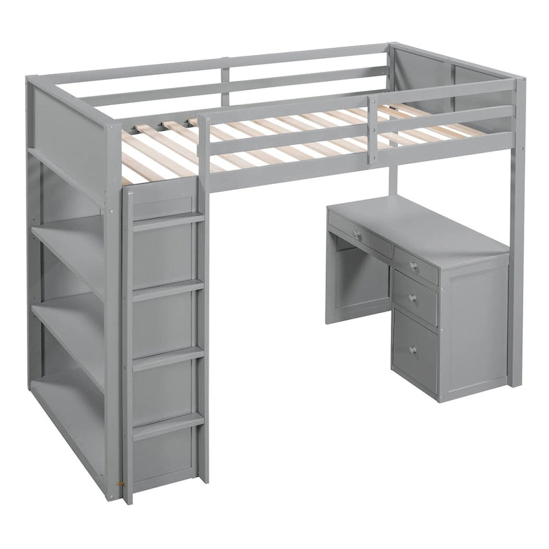 Lit mezzanine double avec échelle, étagères, cadre de lit mezzanine en bois massif avec bureau à 4 tiroirs, sommier tapissier non requis