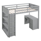 Lit mezzanine double avec échelle, étagères, cadre de lit mezzanine en bois massif avec bureau à 4 tiroirs, sommier tapissier non requis