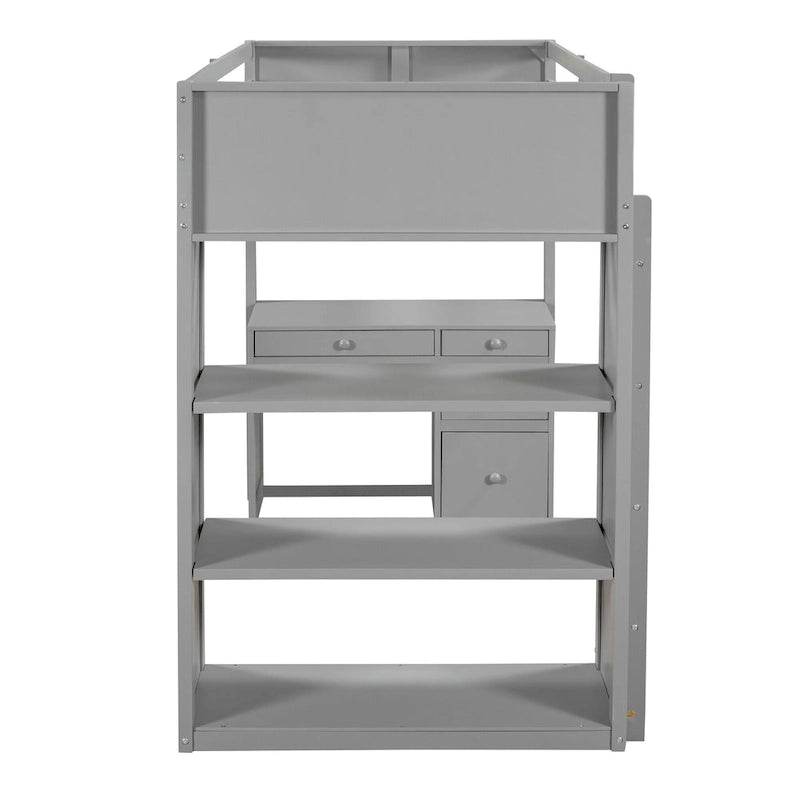 Lit mezzanine double avec échelle, étagères, cadre de lit mezzanine en bois massif avec bureau à 4 tiroirs, sommier tapissier non requis