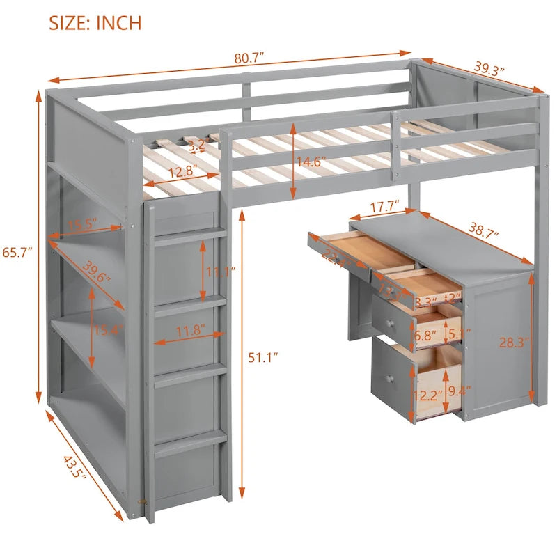 Lit mezzanine double avec échelle, étagères, cadre de lit mezzanine en bois massif avec bureau à 4 tiroirs, sommier tapissier non requis