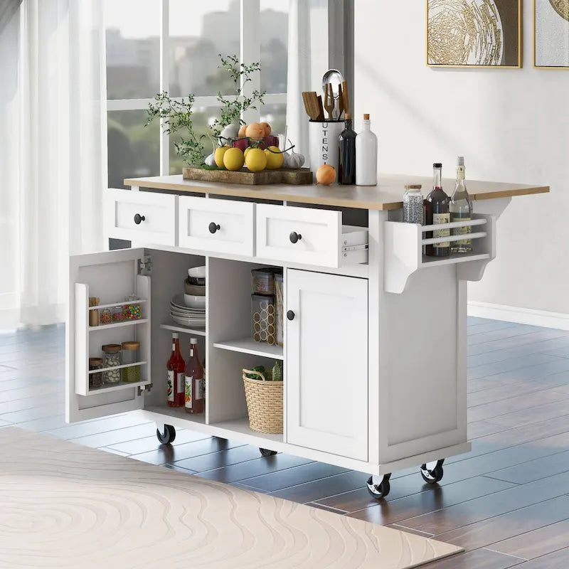 Desserte de cuisine blanche à 5 roulettes avec plan de travail en bois d'hévéa à rallonge, étagères de rangement internes et meuble à 3 tiroirs
