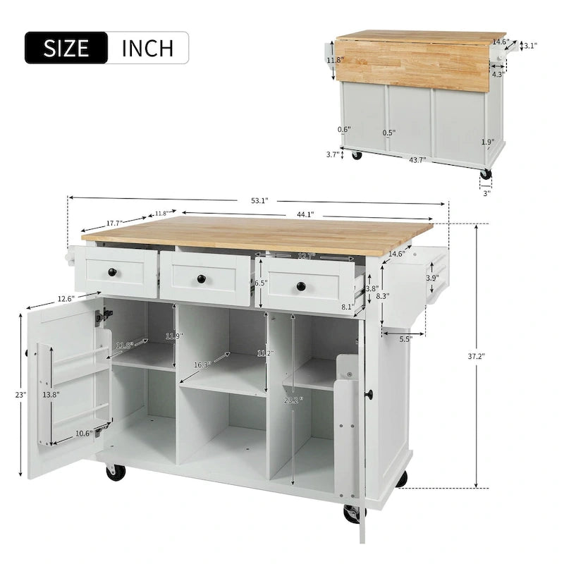 Desserte de cuisine blanche à 5 roulettes avec plan de travail en bois d'hévéa à rallonge, étagères de rangement internes et meuble à 3 tiroirs
