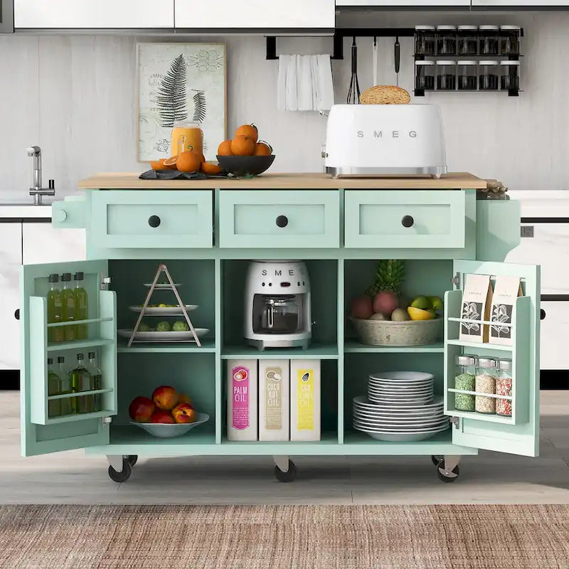 Desserte de cuisine blanche à 5 roulettes avec plan de travail en bois d'hévéa à rallonge, étagères de rangement internes et meuble à 3 tiroirs