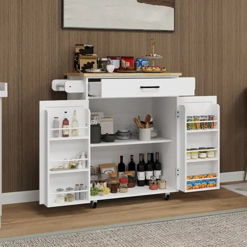 Desserte Îlot de Cuisine Roulante avec Tiroir, Portes, Étagères de Rangement et Tablettes Réglables