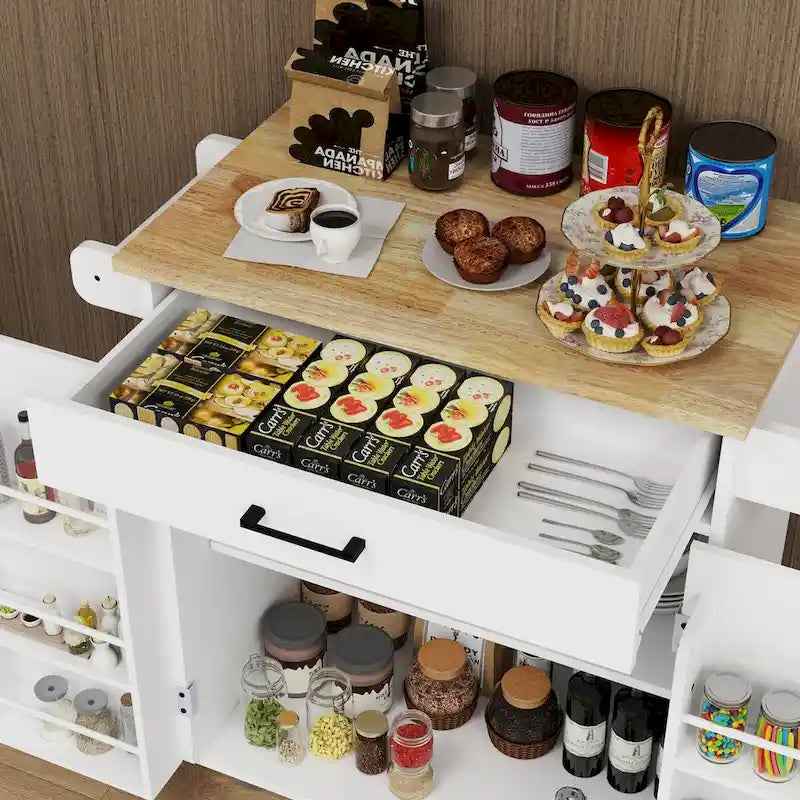 Desserte Îlot de Cuisine Roulante avec Tiroir, Portes, Étagères de Rangement et Tablettes Réglables