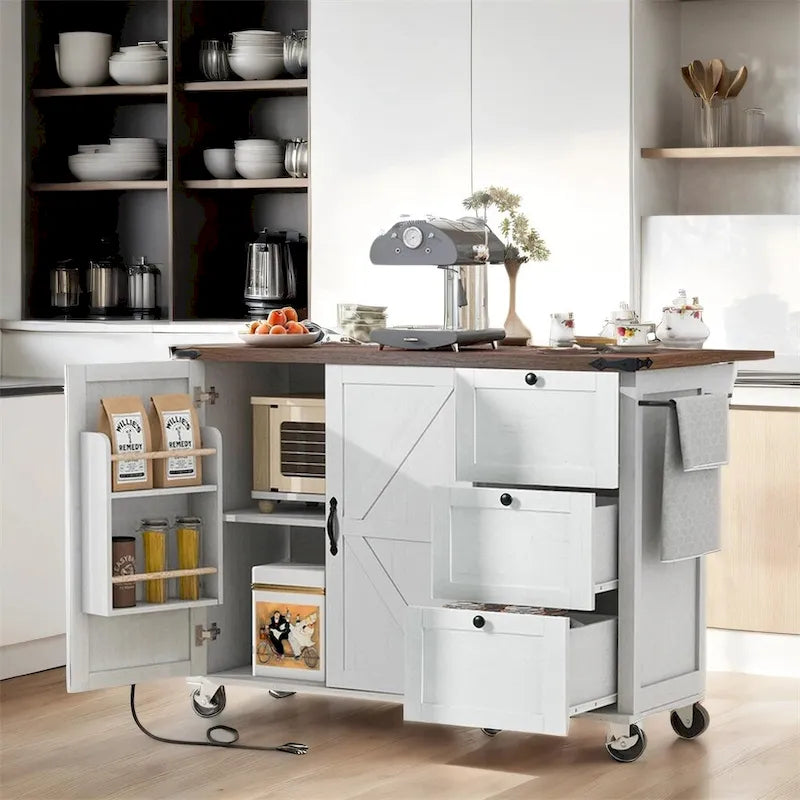 54.5Wood Rolling Kitchen Island w/ Power Outlet,Internal Storage Rack